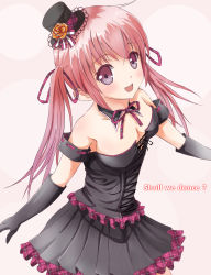 Rule 34 | 1girl, absurdres, black dress, black gloves, breasts, brown eyes, cleavage, collarbone, dress, elbow gloves, eyebrows, gloves, gothic lolita, hat, highres, lolita fashion, long hair, mini hat, neck ribbon, ok-ray, open mouth, original, pink hair, ribbon, small breasts, solo, twintails