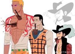 Rule 34 | 3boys, ?, bare pectorals, beard, black hair, blonde hair, bubble tea challenge, bubble tea challenge failure, crocodile (one piece), dark-skinned male, dark skin, donquixote doflamingo, dracule mihawk, facial hair, failure, hair slicked back, height difference, large pectorals, male focus, mature male, mg cls, multiple boys, mustache, one piece, open clothes, open shirt, pectorals, projected inset, scar, scar on face, scar on nose, short hair, stitches, sunglasses, unamused, upper body