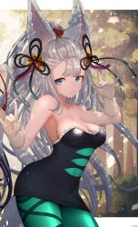 Rule 34 | 2girls, animal ears, arm up, armpits, artist name, asymmetrical bangs, bad id, bad twitter id, bare shoulders, blue eyes, breasts, bush, cleavage, closed mouth, collarbone, cosplay, cowboy shot, dappled sunlight, day, erune, fox shadow puppet, fur trim, gloves, granblue fantasy, green legwear, hair ornament, hand up, high ponytail, highres, kanzashi, kashu (hizake), long hair, looking at viewer, marie (splatoon), marie (splatoon) (cosplay), medium breasts, multiple girls, nintendo, out of frame, outdoors, outside border, pantyhose, purple hair, short eyebrows, short jumpsuit, sidelocks, silver hair, smile, societte (granblue fantasy), solo focus, splatoon (series), splatoon 1, standing, star (symbol), strapless, sunlight, tail, tree, very long hair, white gloves, yuel (granblue fantasy)
