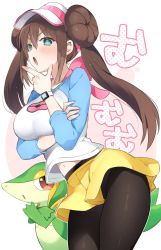 Rule 34 | 1girl, :o, black pantyhose, blouse, blue eyes, blue shirt, blush, breast hold, breasts, brown hair, creatures (company), double bun, game freak, gen 5 pokemon, hair between eyes, hair bun, half-closed eyes, hand on own chin, hat, highres, large breasts, low twintails, navel, nintendo, open mouth, pantyhose, pantyhose under shorts, pokemon, pokemon (creature), pokemon bw2, pokemon masters ex, rosa (pokemon), shirt, short shorts, shorts, sino (sionori), snivy, standing, stroking own chin, twintails, v-shaped eyebrows, visor cap, watch, white background, white shirt, yellow shorts