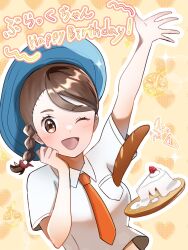 Rule 34 | 1girl, ;d, aqua hat, arm up, blush, braid, bread, breast pocket, brown eyes, brown hair, collared shirt, commentary request, creatures (company), eyelashes, food, fruit, game freak, hand up, happy birthday, hat, highres, juliana (pokemon), kamicho musharu, necktie, nintendo, one eye closed, open mouth, orange necktie, pocket, pokemon, pokemon sv, shirt, short sleeves, smile, strawberry, white shirt