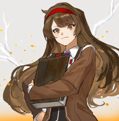 Rule 34 | 1girl, book, brooch, brown coat, brown eyes, brown hair, choroi amachori, closed mouth, coat, collared shirt, hairband, highres, holding, holding book, jewelry, library of ruina, malkuth (project moon), project moon, red hairband, shirt, sidelocks, smile, solo, upper body, white shirt