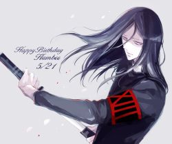 Rule 34 | 10s, 1boy, abara hanbee, awara kayu, black hair, black jacket, blood, character name, closed mouth, commentary request, eyebrows hidden by hair, grey background, hair between eyes, happy birthday, holding, holding weapon, jacket, katana, long hair, male focus, out of frame, pale skin, parted bangs, roman numeral, shaded face, simple background, solo, standing, sword, tokyo ghoul, tokyo ghoul:re, upper body, weapon, white eyes, wind
