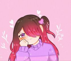 Rule 34 | bete noire, brown hair, clothes, glitchtale, long hair, pink background, pink eyes, pink hair, pink heart, pink shirt, purple shirt, shirt, white hearts