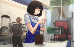 Rule 34 | 1boy, 1girl, apron, barista, black hair, black pants, black shirt, blue apron, bob cut, brown eyes, brown hair, cafe, cleaning, coffee, collar, commentary request, counter, cowboy shot, cup, from behind, giant, giantess, highres, kuroihassan, looking at another, mini person, miniboy, original, pants, restaurant, shirt, short hair, size difference, white collar, white shirt