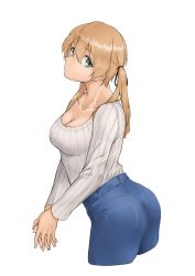 Rule 34 | 1girl, absurdres, alternate costume, aqua eyes, ass, black ribbon, blonde hair, breasts, casual, cleavage, cropped legs, denim, from side, hair between eyes, hair ribbon, highres, jeans, kantai collection, koito (8a2be2), long hair, looking at viewer, looking to the side, medium breasts, pants, prinz eugen (kancolle), ribbed sweater, ribbon, simple background, solo, sweater, twintails, white background, white sweater