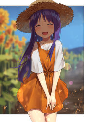 Rule 34 | 1girl, :d, blurry, blurry background, blush, commentary request, day, depth of field, dress, closed eyes, flower, hat, head tilt, highres, hinata yukari, lens flare, nazuna (nazuna a2), open mouth, orange dress, outdoors, outside border, own hands together, purple hair, shirt, sky, smile, solo, standing, straw hat, sunflower, white shirt, yuyushiki