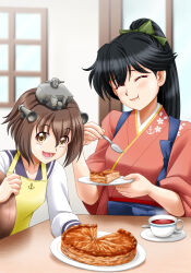 Rule 34 | 2girls, anchor symbol, apron, black hair, blurry, brown eyes, brown hair, closed eyes, commentary request, cup, depth of field, dress, eating, food, fork, houshou (kancolle), japanese clothes, kantai collection, kimono, looking at viewer, majin go!, multiple girls, pie, pink kimono, ponytail, sailor dress, saucer, short hair, teacup, teeth, upper body, window, yellow apron, yukikaze (kancolle)
