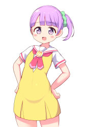 Rule 34 | :d, bare arms, blunt bangs, blush, breasts, child, covered navel, dress, eyelashes, green scrunchie, hands on own hips, highres, long hair, looking at viewer, manaka non, open mouth, pretty series, pripara, purple eyes, purple hair, sabfish1229, sailor collar, scrunchie, short dress, short sleeves, side ponytail, sidelocks, simple background, smile, standing, tareme, white background, white sailor collar, yellow dress