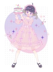 Rule 34 | 1girl, ahoge, birthday cake, black-haired demon girl (shimmer), black footwear, bow, braid, braided bun, cake, candle, circle, collar, collarbone, collared dress, commentary, confetti, double bun, dress, dress bow, eyelashes, fire, food, frilled bow, frilled collar, frilled hairband, frills, full body, hair bow, hair bun, hairband, head tilt, highres, holding, holding plate, kneehighs, light blush, long sleeves, mary janes, medium dress, open mouth, original, party popper, pink bow, pink dress, pink hairband, pink sleeves, plate, polka dot, polka dot background, puffy long sleeves, puffy sleeves, purple eyes, see-through, shoes, short hair, sleeve bow, smile, socks, solo, sparkle, sparkling eyes, symbol-only commentary, teeth, upper teeth only, white background, white socks, yeshisi