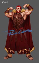 Rule 34 | 1boy, ^ ^, ancient greek clothes, armor, armpits, bara, bare pectorals, bare shoulders, beard, biceps, bracer, breastplate, cape, cleavage cutout, closed eyes, clothing cutout, commission, dark-skinned male, dark skin, facial hair, fate/grand order, fate/zero, fate (series), flexing, full body, fur-trimmed cape, fur trim, greco-roman clothes, highres, iskandar (fate), large pectorals, leather, male focus, muscular, muscular male, pectoral cleavage, pectorals, powerlesssong, red cape, red hair, short hair, solo, watermark