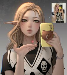 Rule 34 | 1girl, artist name, blonde hair, blowing kiss, bracelet, cellphone, commentary, elf, forehead, gradient background, green eyes, hand up, heart, highres, holding, holding phone, hotaru sen, jewelry, long hair, multiple moles, original, parted lips, phone, photo inset, pointy ears, self-portrait, selfie, short sleeves, simple background, skull print, solo, upper body