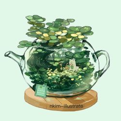 Rule 34 | artist name, fox, green background, green theme, nadia kim, no humans, original, overflowing, plant, see-through, tea plant, teapot