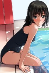Rule 34 | 1girl, arm support, bare shoulders, black hair, black one-piece swimsuit, blush, breasts, from side, highres, leaning forward, looking at viewer, matsunaga kouyou, medium hair, one-piece swimsuit, original, pool, poolside, school swimsuit, sitting, small breasts, soaking feet, solo, swimsuit, wet, wet clothes, wet hair, wet swimsuit