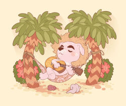 Rule 34 | 1boy, acoustic guitar, animal crossing, artist name, blush, blush stickers, brown background, brown hat, bush, clam shell, closed eyes, closed mouth, commentary, conch, crossed legs, dog boy, english commentary, flower, furry, furry male, guitar, hammock, hat, holding, holding instrument, instrument, k.k. slider (animal crossing), male focus, music, nintendo, palm tree, playing instrument, reclining, red flower, samantha whitten, sand, seashell, shell, signature, simple background, sitting, solo, straw hat, tree