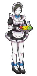 Rule 34 | 1girl, akairiot, alternate costume, apple, apron, banana, black hair, bottle, breasts, cleavage, colored skin, cup, enmaided, food, fruit, full body, grapes, grey eyes, highres, maid, maid apron, maid headdress, milk, nintendo, plate, ponytail, ribbon, smile, solo, super smash bros., transparent background, tray, white skin, wii fit, wii fit trainer, wii fit trainer (female), wrist cuffs