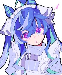 Rule 34 | 1girl, :o, @ @, ahoge, animal ears, apron, blue hair, blue shirt, boko sabusuku, buckle, crossed bangs, head tilt, highres, horse ears, jersey maid, long hair, long sleeves, looking at viewer, maid, maid apron, maid headdress, purple eyes, shirt, simple background, snap-fit buckle, solo, twin turbo (umamusume), twintails, umamusume, unconventional maid, upper body, white background