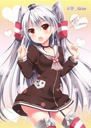 Rule 34 | 10s, 1girl, akine (kuroyuri), amatsukaze (kancolle), blush, brown eyes, chestnut mouth, choker, clenched hands, contrapposto, dated, dress, garter straps, grey neckerchief, hair tubes, headgear, heart, highres, kantai collection, long hair, neckerchief, sailor collar, sailor dress, signature, silver hair, solo, standing, striped clothes, striped thighhighs, thighhighs, twitter username, two side up