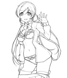 Rule 34 | 10s, 1girl, bad id, bad twitter id, bow, bow bra, bra, clothes pull, cowboy shot, crotch seam, dress shirt, greyscale, hand on own thigh, light smile, lineart, long hair, long sleeves, looking at viewer, love live!, love live! school idol project, miniskirt, monochrome, navel, open clothes, open shirt, open skirt, panties, parted lips, pleated skirt, school uniform, shirt, skindentation, skirt, skirt pull, skull573, solo, standing, sukaru573, swept bangs, thighhighs, tojo nozomi, transparent background, twintails, underwear, waving, white background