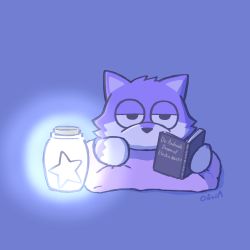 Rule 34 | absurdres, animal, artist name, blue background, book, do androids dream of electric sheep?, english text, glowing, highres, holding, holding book, jar, no humans, olivia (shkm2443), original, reading, simple background, star (symbol), wolf