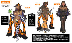 Rule 34 | 1girl, absurdres, animal ears, animal print, ass, bare shoulders, bell, black dress, boots, breasts, bridal gauntlets, brown hair, butt crack, character profile, character sheet, cleavage, closed mouth, commentary request, covered navel, cow print, cowbell, dark-skinned female, dark skin, detached collar, dress, earrings, elbow gloves, fake animal ears, fake horns, full body, fur trim, gloves, gradient hair, green eyes, high heels, highres, holding, horns, jewelry, large breasts, lips, long dress, long hair, looking at viewer, looking back, mole, mole on body, mole on breast, mole under mouth, multicolored hair, multiple views, navel, original, own hands together, purple hair, seductive smile, see-through, senri gan, shiny skin, simple background, smile, standing, stats, stomach, strapless, strapless dress, thigh boots, thighhighs, thighs, tiara, turnaround, white background
