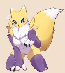 Rule 34 | 1girl, animal ears, animal hands, animal nose, black sclera, blue eyes, blush, body fur, breasts, claws, closed mouth, colored sclera, digimon, elbow gloves, facial mark, female focus, fox ears, fox girl, fox tail, fur collar, furry, furry female, gloves, highres, jellyenvy, leg tattoo, light blush, no nipples, nude, purple gloves, renamon, simple background, snout, solo, tail, tattoo, two-tone fur, white fur, wide hips, yellow fur, yin yang
