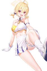 Rule 34 | 1girl, ahoge, bare shoulders, blonde hair, blue archive, blush, braid, breasts, checkered clothes, cheerleader, cleavage, collarbone, gloves, halo, highres, kotori (blue archive), kotori (cheer squad) (blue archive), large breasts, loose socks, low twintails, midriff, millennium cheerleader outfit (blue archive), navel, open mouth, pleated skirt, red eyes, ririko (zhuoyandesailaer), shoes, short hair, single braid, skirt, smile, sneakers, socks, solo, triangle print, twintails, white background, white gloves, white skirt, yellow halo