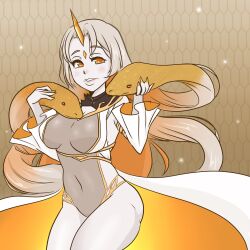 Rule 34 | 1girl, absurdres, breasts, fire emblem, fire emblem heroes, gullveig (fire emblem), highres, horns, large breasts, long hair, medium breasts, navel, nintendo, pale skin, snake, snake hair, solo, swashmt, tagme, white hair, wide hips, yellow eyes