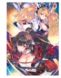 Rule 34 | 2girls, absurdres, blonde hair, blue eyes, breasts, brown eyes, brown hair, cleavage, closed mouth, gradient background, hair ornament, headgear, highres, holding, holding sword, holding weapon, japanese clothes, katana, long hair, long sleeves, looking at viewer, medium breasts, min-naraken, multiple girls, original, ponytail, scan, serious, shiny skin, simple background, sword, weapon, wide sleeves