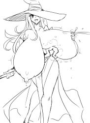 Rule 34 | 1girl, alternate breast size, breast expansion, breasts, breasts out, cleavage, dragon&#039;s crown, gigantic breasts, highres, lactation, long hair, matsu-sensei, monochrome, nipples, sorceress (dragon&#039;s crown), witch hat