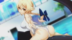 Rule 34 | 1girl, ahoge, ass, blazblue, blonde hair, bow, braid, breasts, es (xblaze), hair bow, higuchi konomi, large breasts, long hair, looking back, official art, one-piece swimsuit, orange eyes, outstretched hand, single braid, solo, straddling, swimsuit, wet, wet clothes, wet swimsuit, white one-piece swimsuit, xblaze, xblaze code: embryo, xblaze lost: memories