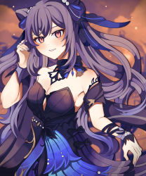 Rule 34 | 1girl, absurdres, black dress, blush, bobamiruku, breasts, cleavage, collarbone, dress, genshin impact, highres, keqing (genshin impact), large breasts, long hair, looking at viewer, nail polish, parted lips, purple hair, purple nails, red eyes, smile, solo
