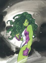 Rule 34 | 1girl, animification, clenched hands, cloud, colored skin, comic cover, commentary, cover image, covered navel, cowboy shot, fingerless gloves, gloves, green eyes, green hair, green skin, hair over one eye, highres, looking to the side, marvel, official art, one eye covered, peach momoko, purple gloves, she-hulk, solo, symbol-only commentary, two-tone leotard, v-shaped eyebrows