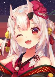 Rule 34 | 1girl, bell, blush, breasts, collarbone, double bun, fang, fangs, hair bun, hair ornament, highres, hololive, horn ornament, horns, japanese clothes, jingle bell, long hair, looking at viewer, mask, multicolored hair, nakiri ayame, nakiri ayame (1st costume), night, night sky, one eye closed, oni, oni mask, open mouth, outdoors, pom pom (clothes), red eyes, red hair, silver hair, skin-covered horns, sky, smile, solo, streaked hair, tokoshibyra, torii, virtual youtuber