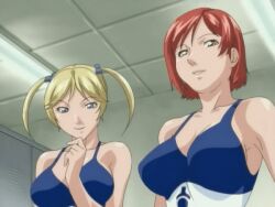 00s 2005 2girls animated animated_gif bare_shoulders bible_black bible_black_only blonde_hair blue_eyes breasts collarbone hair_ornament kobayashi_shinobu large_breasts lowres mikimoto multiple_girls red_hair short_hair swimsuit tagme twintails walking