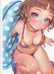 Rule 34 | 1girl, absurdres, arm support, bikini, blue eyes, blush, breasts, brown hair, cleavage, closed mouth, highres, innertube, jewelry, lips, looking at viewer, medium breasts, murata range, navel, necklace, original, sandals, scan, shiny skin, short hair, simple background, skindentation, solo, striped bikini, striped clothes, swim ring, swimsuit, white background