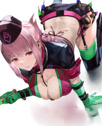 Rule 34 | 1girl, all fours, ass, belt, bikini, black footwear, black headwear, black skirt, blazpu, boots, braid, braided ponytail, breasts, cleavage, elbow gloves, fate/grand order, fate (series), florence nightingale (fate), florence nightingale (trick or treatment) (fate), folded ponytail, garrison cap, gloves, green bikini, green gloves, green thighhighs, hat, large breasts, layered bikini, long hair, looking at viewer, miniskirt, official alternate costume, parted lips, pink hair, purple belt, purple bikini, red eyes, revealing clothes, short sleeves, shrug (clothing), skirt, stethoscope, swimsuit, syringe, thigh boots, thighhighs, thighhighs under boots
