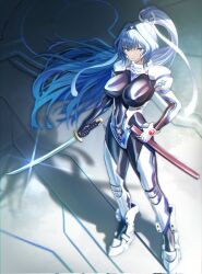 Rule 34 | armored bodysuit, breasts, hair intakes, highres, holding, holding sword, holding weapon, katana, large breasts, mitsurugi meiya, muv-luv, muv-luv alternative, ponytail, purple hair, shadow, skin tight, soy chicken, sword, weapon