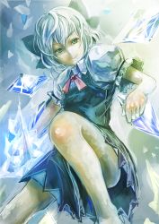Rule 34 | 1girl, bare legs, blue eyes, blue hair, bow, cirno, dress, hair bow, highres, ice, koruse, looking at viewer, matching hair/eyes, short hair, smile, solo, touhou, wings