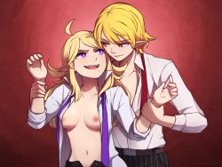 Rule 34 | 1boy, 1girl, ahoge, artist name, blonde hair, breasts, collarbone, commentary, cowboy shot, dress shirt, english commentary, fangs, hair flaps, hetero, holding another&#039;s wrist, long hair, long sleeves, medium breasts, navel, necktie, nipples, no bra, open clothes, open mouth, open shirt, original, pants, pointy ears, popped collar, purple eyes, purple necktie, red eyes, red necktie, shirt, simple background, smile, smirk, speckticuls, striped clothes, striped pants, undone necktie, velt, vertical-striped clothes, vertical-striped pants, wing collar