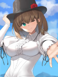 Rule 34 | 1girl, blue eyes, braid, breasts, brown hair, charlotte corday (fate), charlotte corday (third ascension) (fate), cloud, day, eyes visible through hair, fate/grand order, fate (series), flower, hair between eyes, hat, highres, long sleeves, looking at viewer, medium breasts, medium hair, one eye closed, outdoors, rose, sky, smile, solo, standing, suiroh (shideoukami), upper body