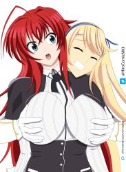 Rule 34 | 2girls, ahoge, black capelet, black corset, blonde hair, blue eyes, blue hairband, breasts, capelet, closed eyes, collared shirt, comicdraws, corset, cosplay, crossed bangs, female pervert, gloves, groping, hairband, high school dxd, highres, huge breasts, ikaruga (senran kagura), ikaruga (senran kagura) (cosplay), katsuragi (senran kagura), kuoh academy school uniform, long hair, long sleeves, military, military uniform, multiple girls, open mouth, pervert, red hair, rias gremory, school uniform, senran kagura, senran kagura new link, shirt, smile, surprised, teeth, twitter logo, uniform, upper teeth only, very long hair, white gloves, white shirt