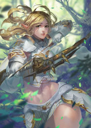 Rule 34 | 1girl, aiming, armor, arrow (projectile), baraba baba, blonde hair, bow, bow (weapon), drawing bow, elf, forest, gloves, highres, holding, holding bow (weapon), holding weapon, leaf, lineage, lineage 2, lips, miniskirt, nature, navel, parted lips, pauldrons, pointy ears, running, shoulder armor, skirt, solo, tree, weapon
