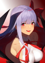 Rule 34 | 1girl, absurdres, bare shoulders, bat wings, bb (fate), bb (fate) (all), bb (swimsuit mooncancer) (fate), bb (swimsuit mooncancer) (third ascension) (fate), black coat, blush, breasts, coat, dark-skinned female, dark skin, fate/grand order, fate (series), hair ribbon, highres, large breasts, leotard, long hair, looking at viewer, neck ribbon, open clothes, open coat, open mouth, popped collar, purple hair, red eyes, red ribbon, ribbon, smile, solo, tan, very long hair, white leotard, wings, yykuaixian