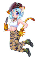 Rule 34 | 1girl, :3, animal ears, beret, blue eyes, blue hair, boots, camouflage, cat ears, cat tail, collar, dog tags, ebifly, fatigues, gloves, gun, handgun, hat, matching hair/eyes, pistol, solo, tail, trigger discipline, weapon