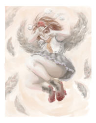Rule 34 | 1girl, ankle socks, bare legs, bird wings, blouse, brown hair, covering one eye, dizzy666, faux traditional media, feathers, flying, geta, hat, looking at viewer, pink background, pom pom (clothes), shameimaru aya, shirt, short hair, short sleeves, simple background, skirt, socks, solo, tengu-geta, tokin hat, touhou, wings, yellow eyes
