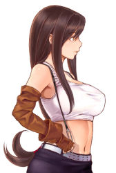 Rule 34 | 1990s (style), 1girl, black hair, breasts, brown gloves, elbow gloves, final fantasy, final fantasy vii, fingerless gloves, from side, gloves, large breasts, long hair, midriff, oekaki, profile, retro artstyle, simple background, solo, square enix, suspenders, tifa lockhart, white background, yuzuriha (active homing)