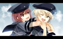Rule 34 | 10s, 2girls, blonde hair, blue eyes, blue sky, brown eyes, brown hair, cloud, commentary request, day, fingernails, hat, highres, hug, hug from behind, kantai collection, letterboxed, military, military hat, military uniform, multiple girls, one eye closed, open mouth, peaked cap, ruisento, sailor collar, sailor hat, short hair, short sleeves, sky, smile, teeth, uniform, upper body, z1 leberecht maass (kancolle), z3 max schultz (kancolle)