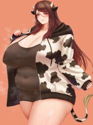 Rule 34 | 1girl, animal ears, animal print, black shirt, blush, breasts, cleavage, cow ears, cow girl, cow horns, cow print, cow tail, eyelashes, eyeshadow, fat, female focus, half-closed eyes, horns, huge breasts, long hair, looking at viewer, makeup, mil k vanilla, mole, mole under mouth, navel, obese, orange background, original, plump, shiny skin, shirt, smile, solo, steaming body, sweat, tail
