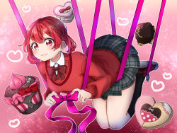 Rule 34 | 1girl, aho no sakata, candy, chocolate, chocolate heart, cupcake, food, hatoka ra5, heart, highres, red eyes, red hair, ribbon, sakako (aho no sakata), shirt, urashimasakatasen, valentine